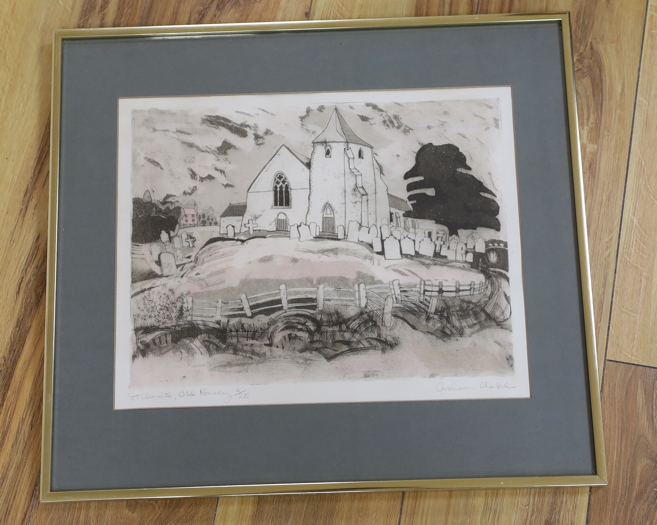 Graham Clarke (b.1941) etching, 'St. Clements, Old Romney', signed in pencil, limited edition, 6/25, label verso, 29 x 37cm